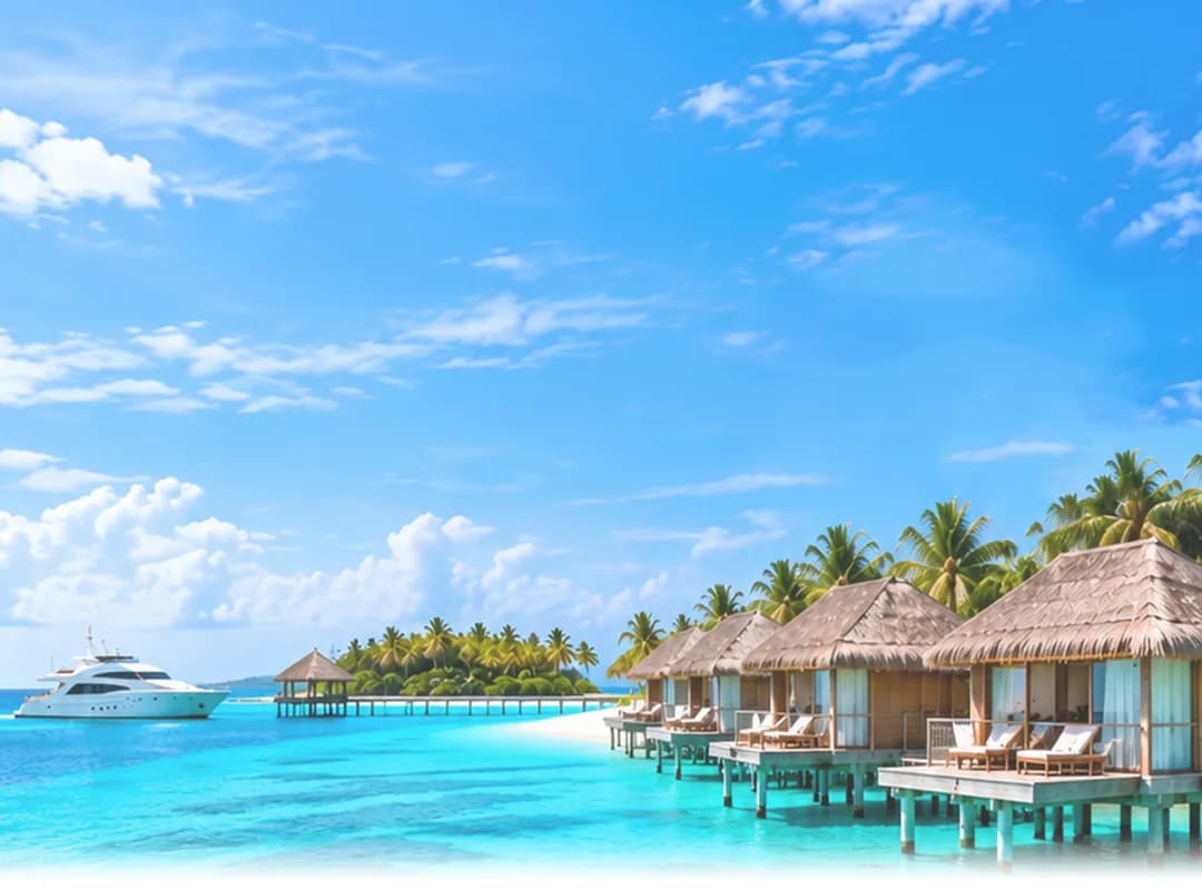 Overwater villas in the Maldives at sunset