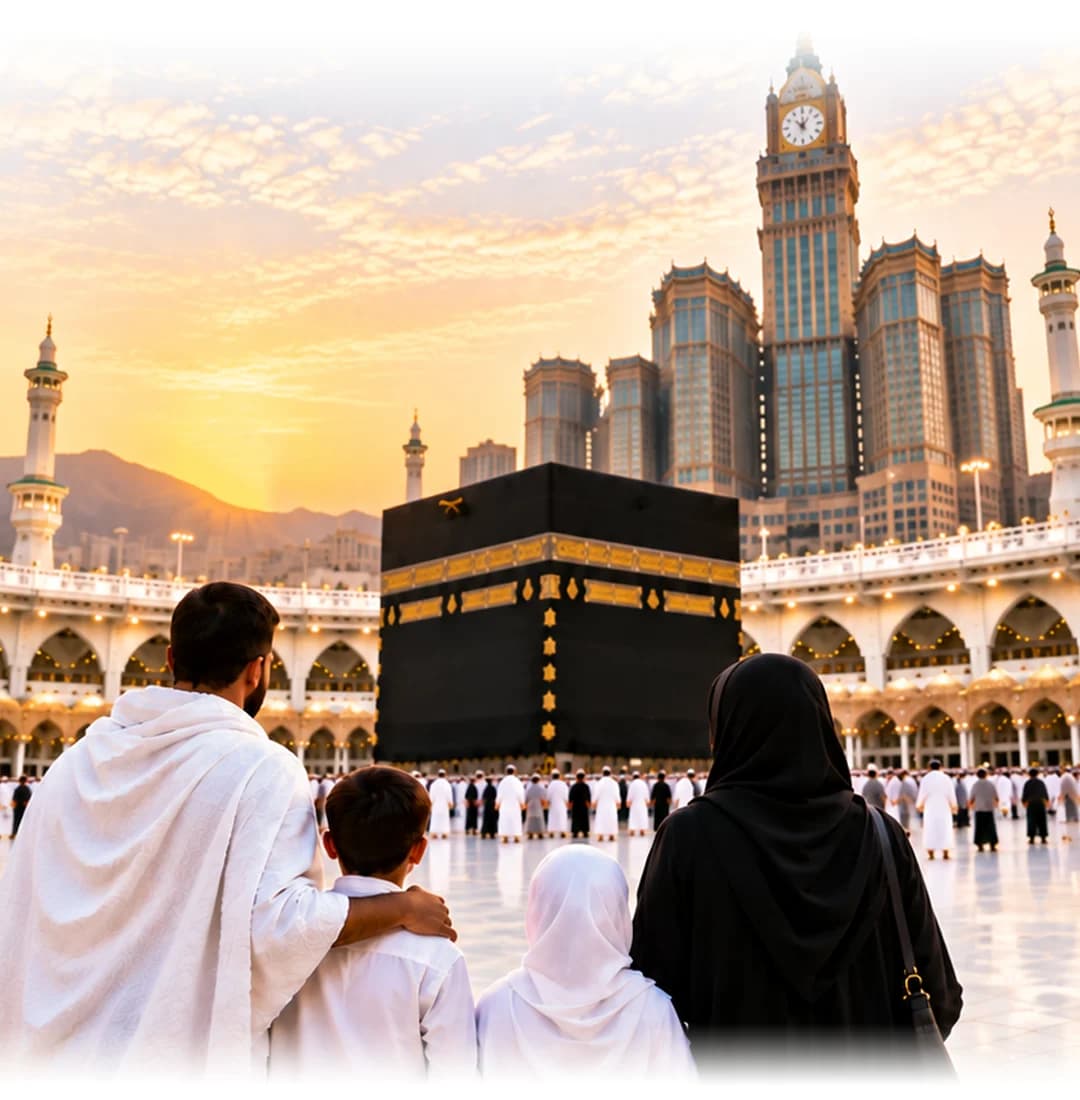 Family of pilgrims performing Umrah together, background for family August Umrah packages